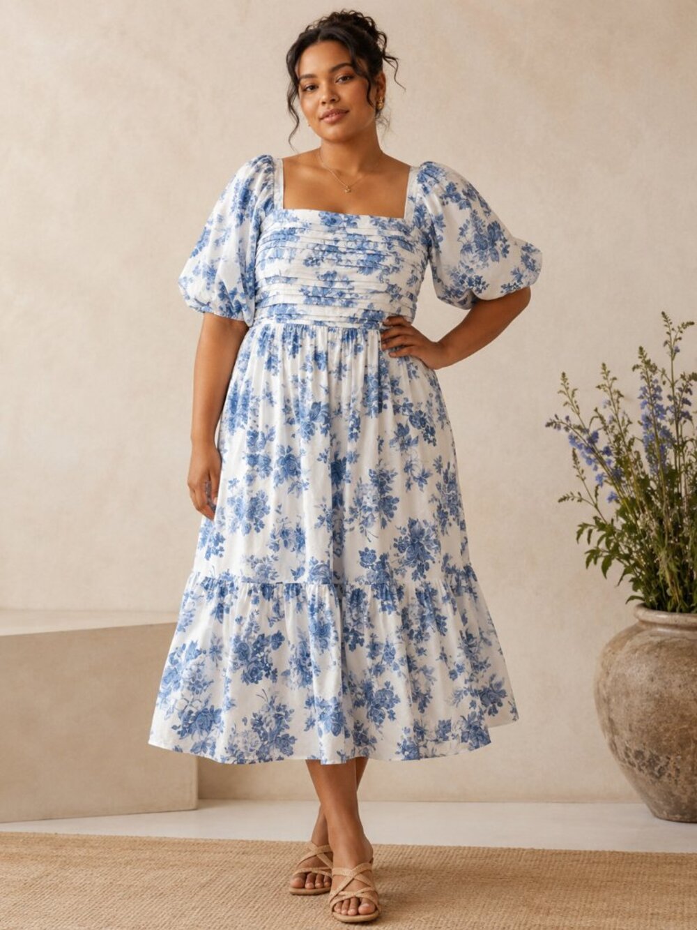 Abercrombie Emerson Poplin Puff Sleeve Midi Dress Blue Floral XXL